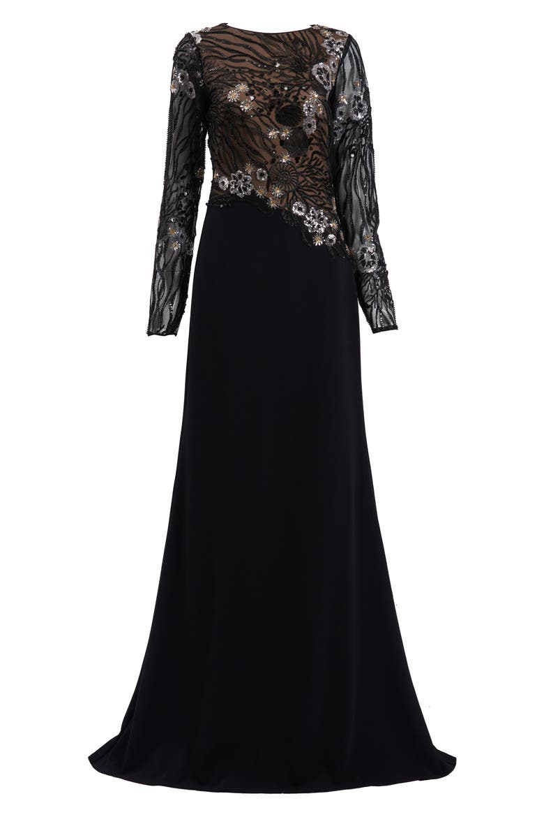 Sequin Lace Bodice Long Sleeve Gown, Alternate, color, BLACK/NUDE