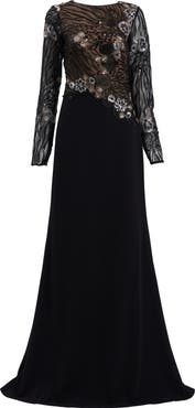 Tadashi Shoji Sequin Lace Bodice Long Sleeve Gown