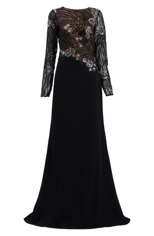 Tadashi Shoji Sequin Lace Bodice Long Sleeve Gown