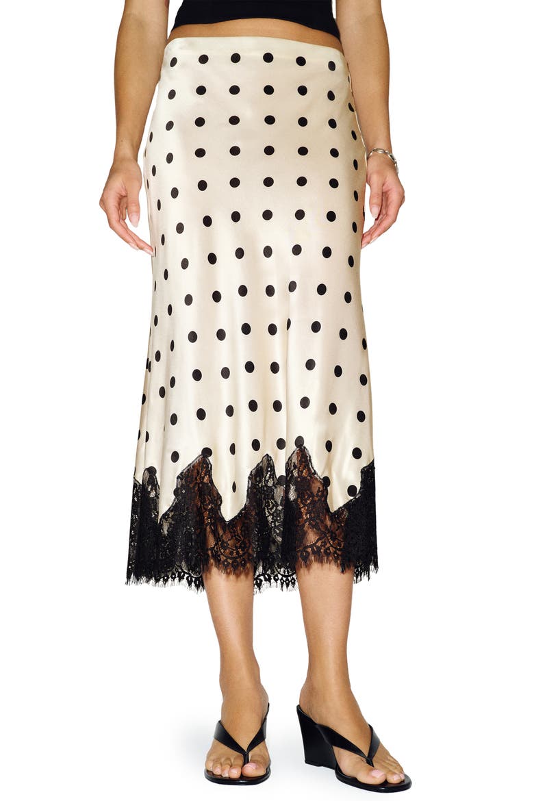 Carolina Lace Trim Silk Midi Skirt, Main, color, SUNDAE DOT