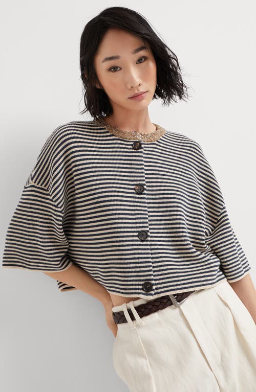 Brunello Cucinelli Dazzling Striped Short Sleeve Cropped Cardigan In Blue
