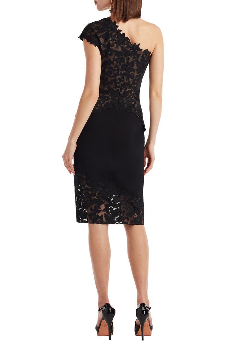 Laser Cutout One-Shoulder Cocktail Dress, Alternate, color, BLACK/ NUDE