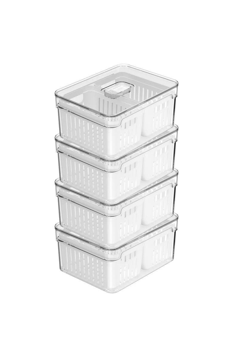 OU Clear Stackable Fridge Organizer Bin with Drain Basket and Vented Lid, 4 Pack, Main, color, 