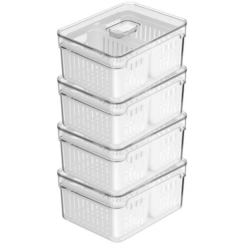 Clear Stackable Fridge Organizer Bin with Drain Basket and Vented Lid, 4 Pack