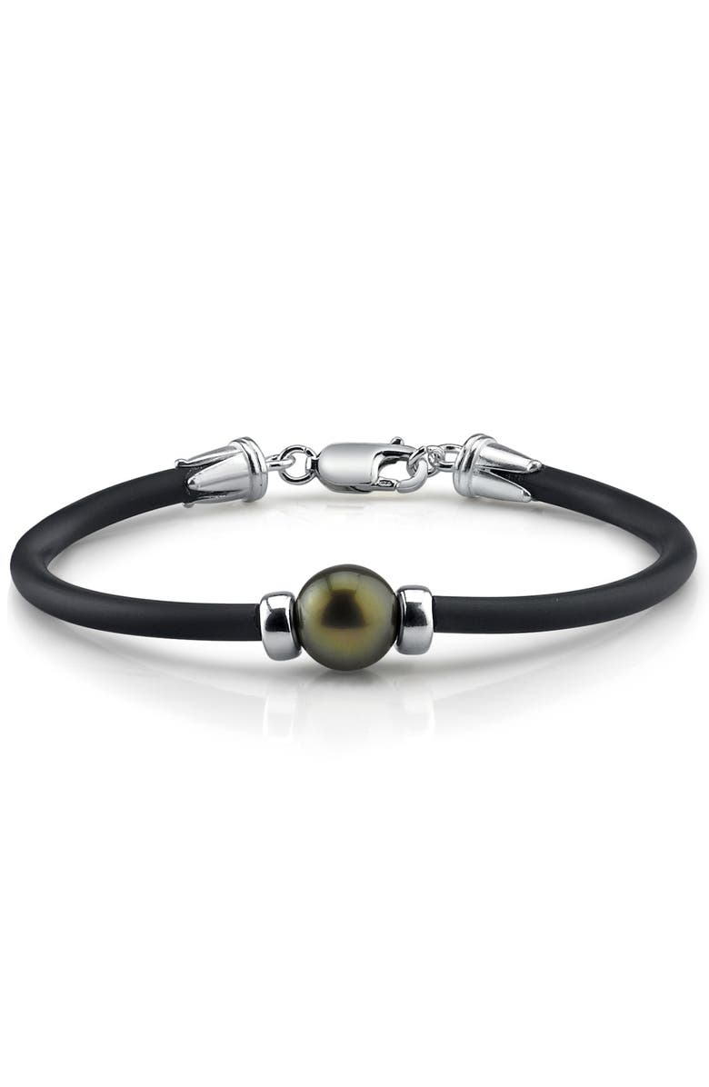 The Pearl Source Tahitian Round Pearl Rubber Bracelet 11-12mm, Main, color, Black Pearl