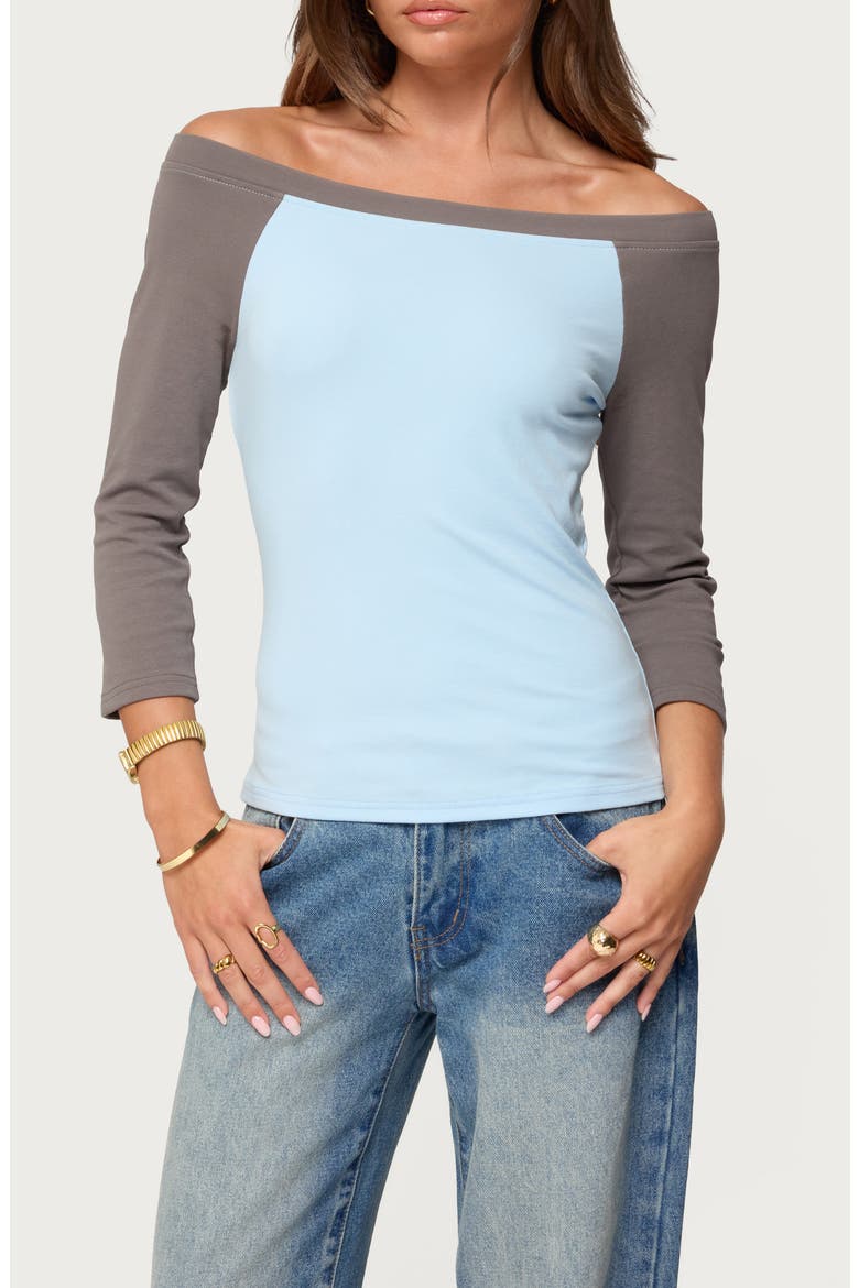 Keri Contrast Off the Shoulder Raglan Cotton Top, Main, color, LIGHT-BLUE