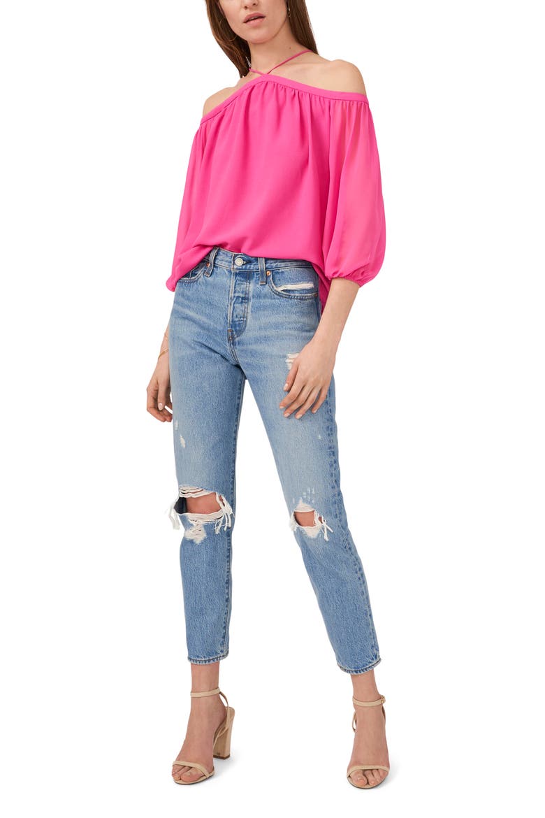 Off the Shoulder Sheer Chiffon Blouse, Alternate, color, BRIGHT MULBERRY
