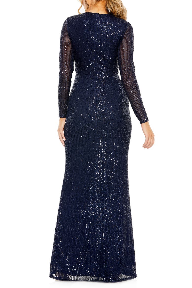 Women’s Long Sleeve Sequin  Column Gown with Side Knot, Alternate, color, MIDNIGHT