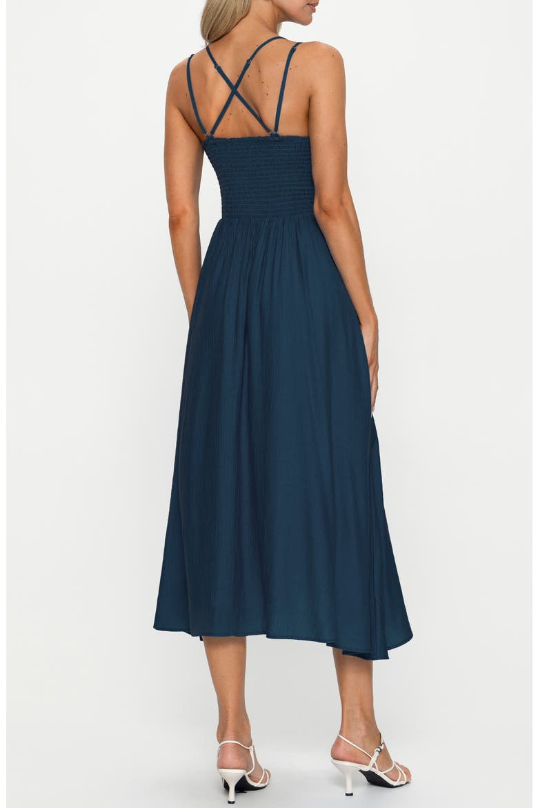 Smocked Strappy Midi Dress, Alternate, color, DARK BLUE