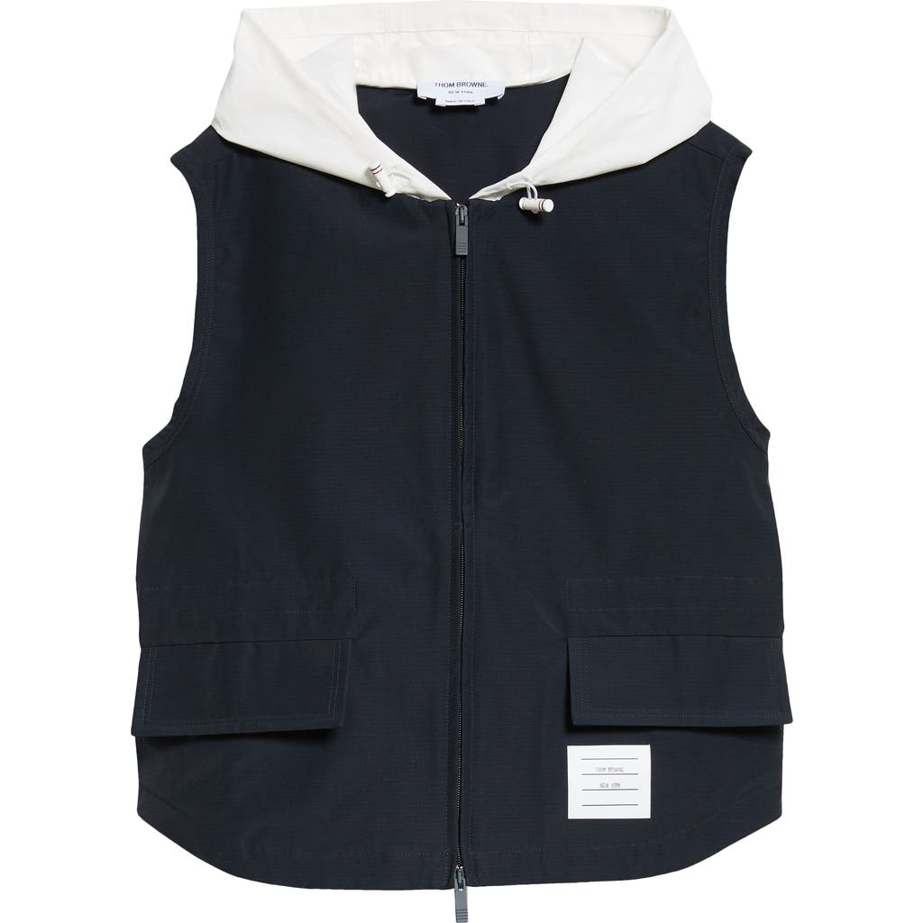 Thom Browne Contrast Hooded Ripstop Vest In Navy