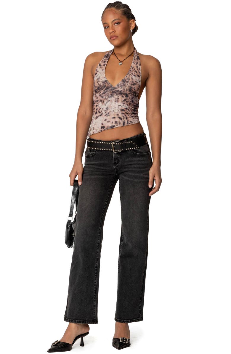 EDIKTED Leopard Print Asymmetric Mesh Halter Top, Alternate, color, Leopard