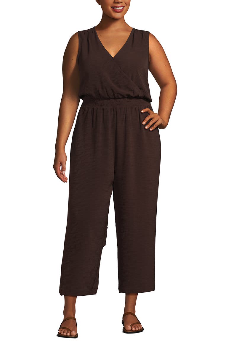 Plus Size Sleeveless Creaseless Wrap Jumpsuit with Smocked Waist, Alternate, color, Rich Seal Brown