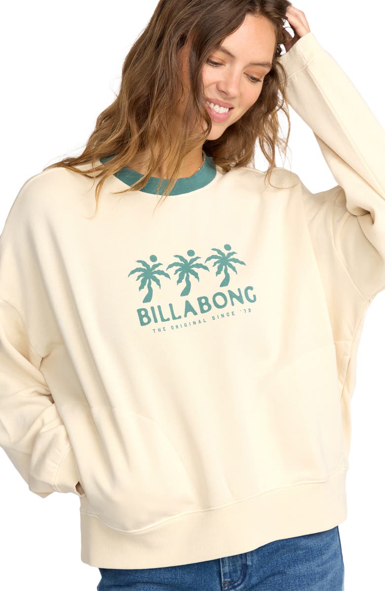 Billabong Triple Palms Crewneck Fleece Graphic Sweatshirt, Alternate, color, Whitecap