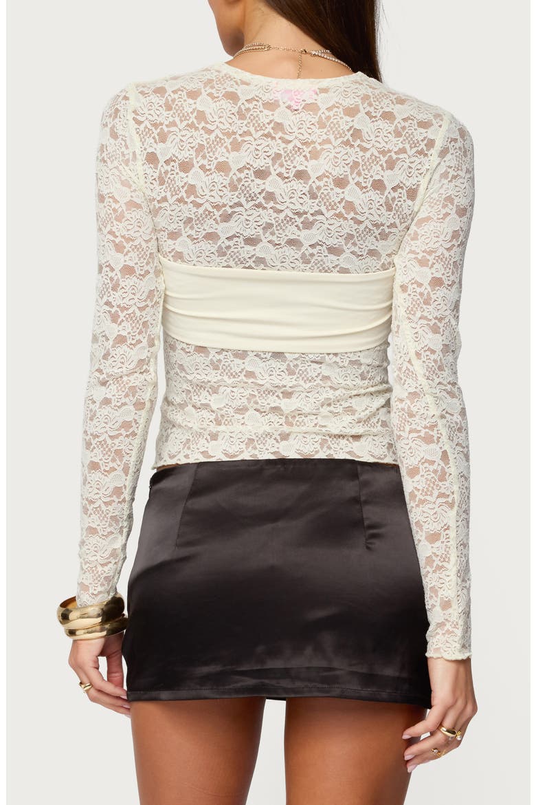 Rosette Bandeau Long Sleeve Lace Crop Top, Alternate, color, CREAM