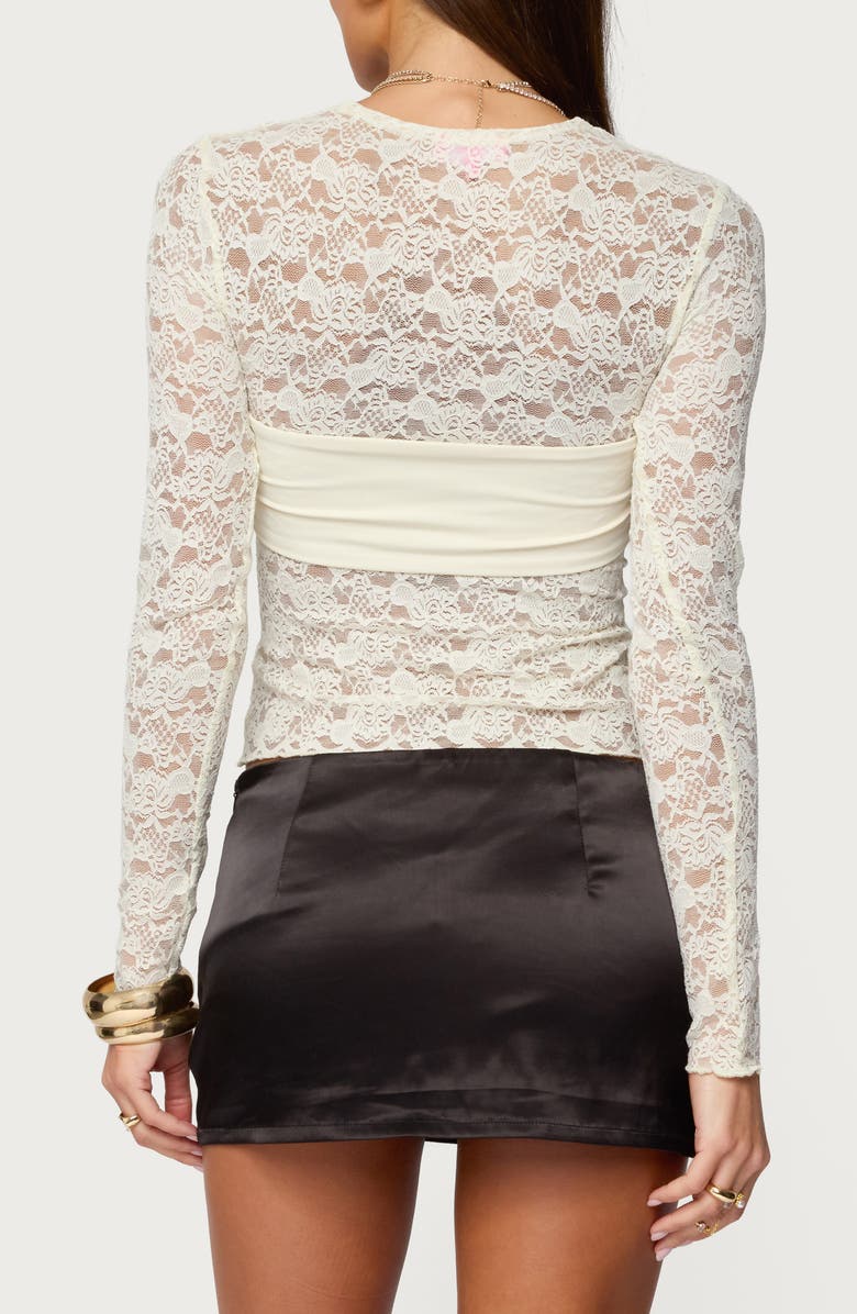 EDIKTED Rosette Bandeau Long Sleeve Lace Crop Top, Alternate, color, Cream