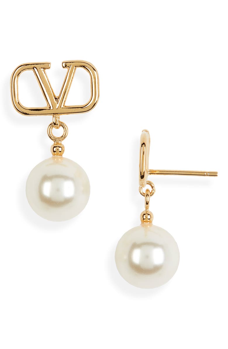 Valentino Garavani VLOGO Imitation Swarovski Pearl Drop Earrings, Main, color, 