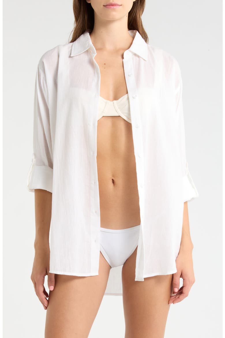 Evil Eye Print Button-Up Cover-Up Shirt, Main, color, WHITE HEART