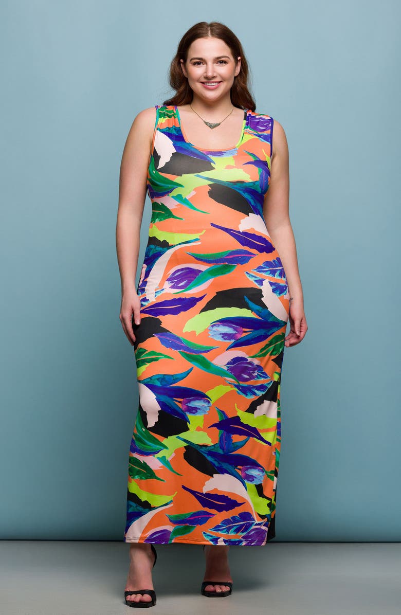 24seven Comfort Apparel Print Racerback Sleeveless Maxi Dress, Alternate, color, Orange Multi