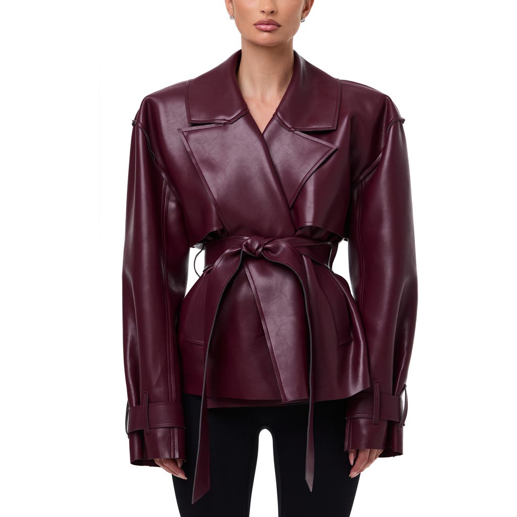 Naked Wardrobe Faux Leather Crop Trench Coat In Burgundy