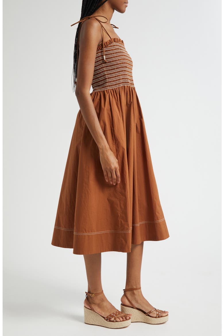 Kaela Smocked Tie Strap Midi Dress, Alternate, color, WHISKY
