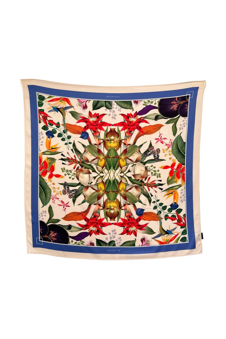 Scarf Colombian Flowers Ivory, Main, color, Blue