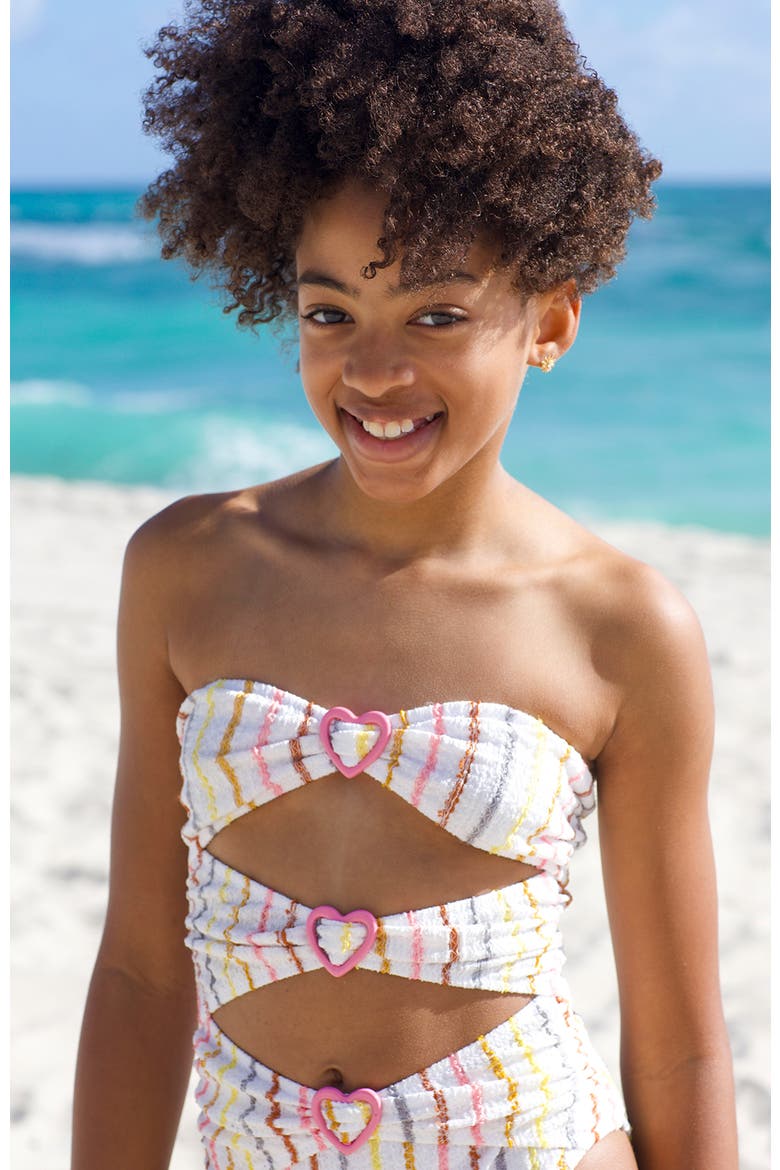 Multi-Color Striped Cutout Heart-Shaped Buckles One-Piece Swimsuit, Alternate, color, Beige
