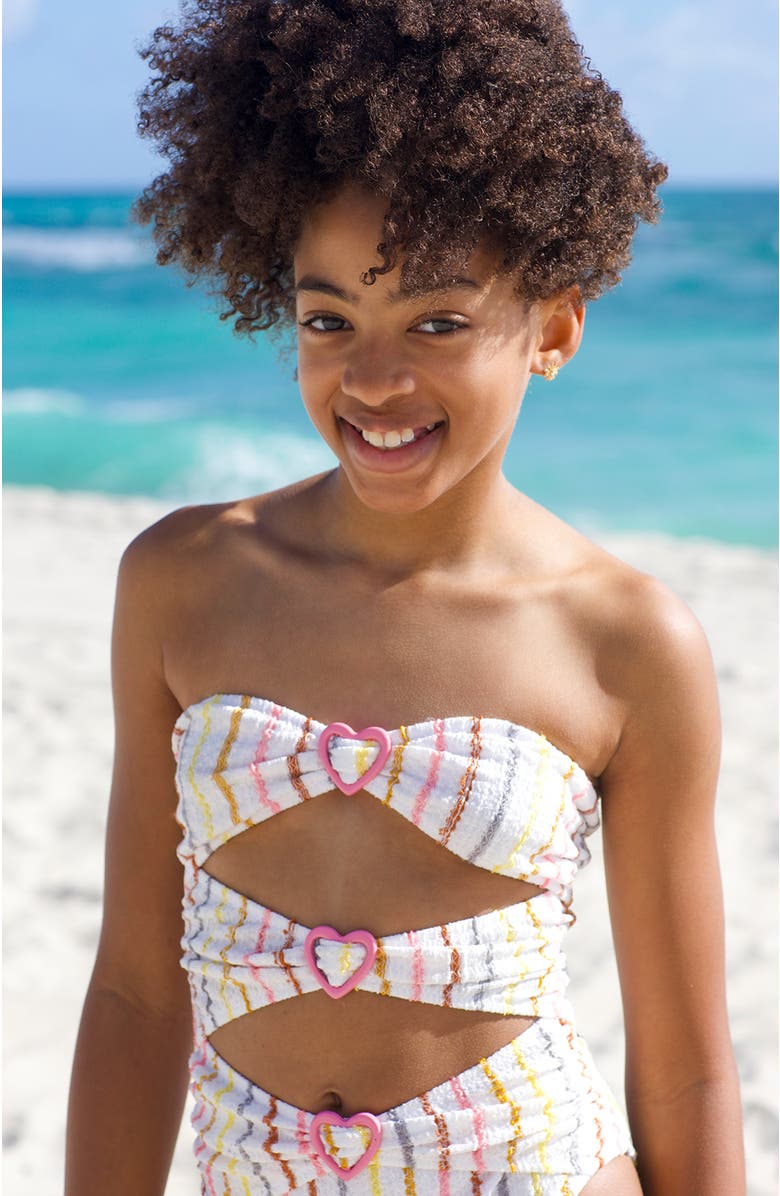 NESSI BYRD Multi-Color Striped Cutout Heart-Shaped Buckles One-Piece Swimsuit, Alternate, color, Beige