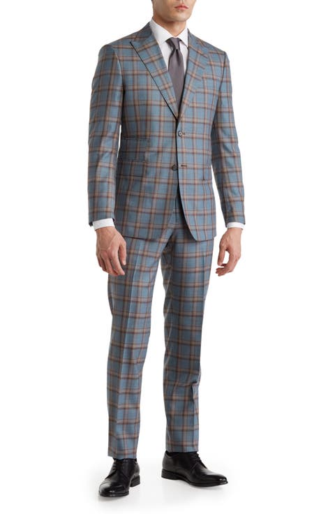 Plaid Two Button Peak Lapel Wool Blend Trim Fit Suit