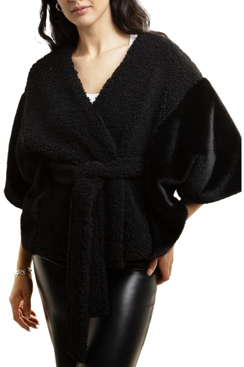 Fluffy Faux Fur Blanket Short Robe, Main, color, BLACK
