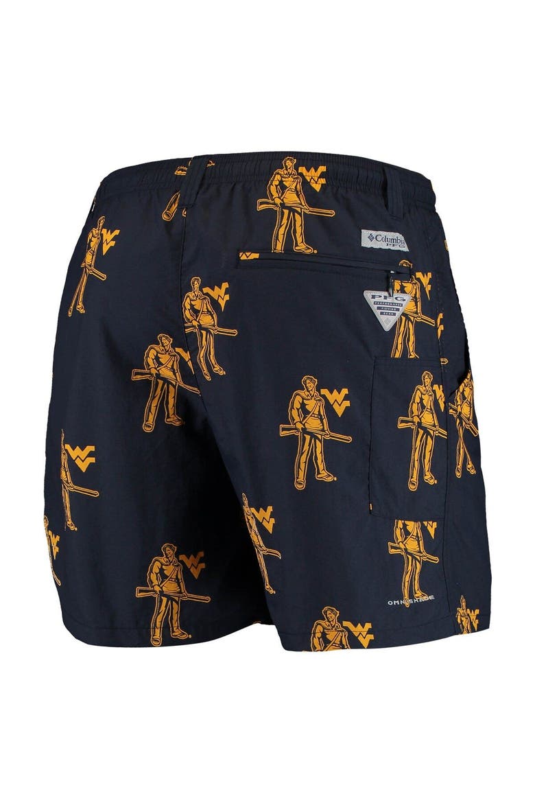 Men's Columbia Navy West Virginia Mountaineers PFG Backcast II Omni-Shade Hybrid Shorts, Alternate, color, Navy