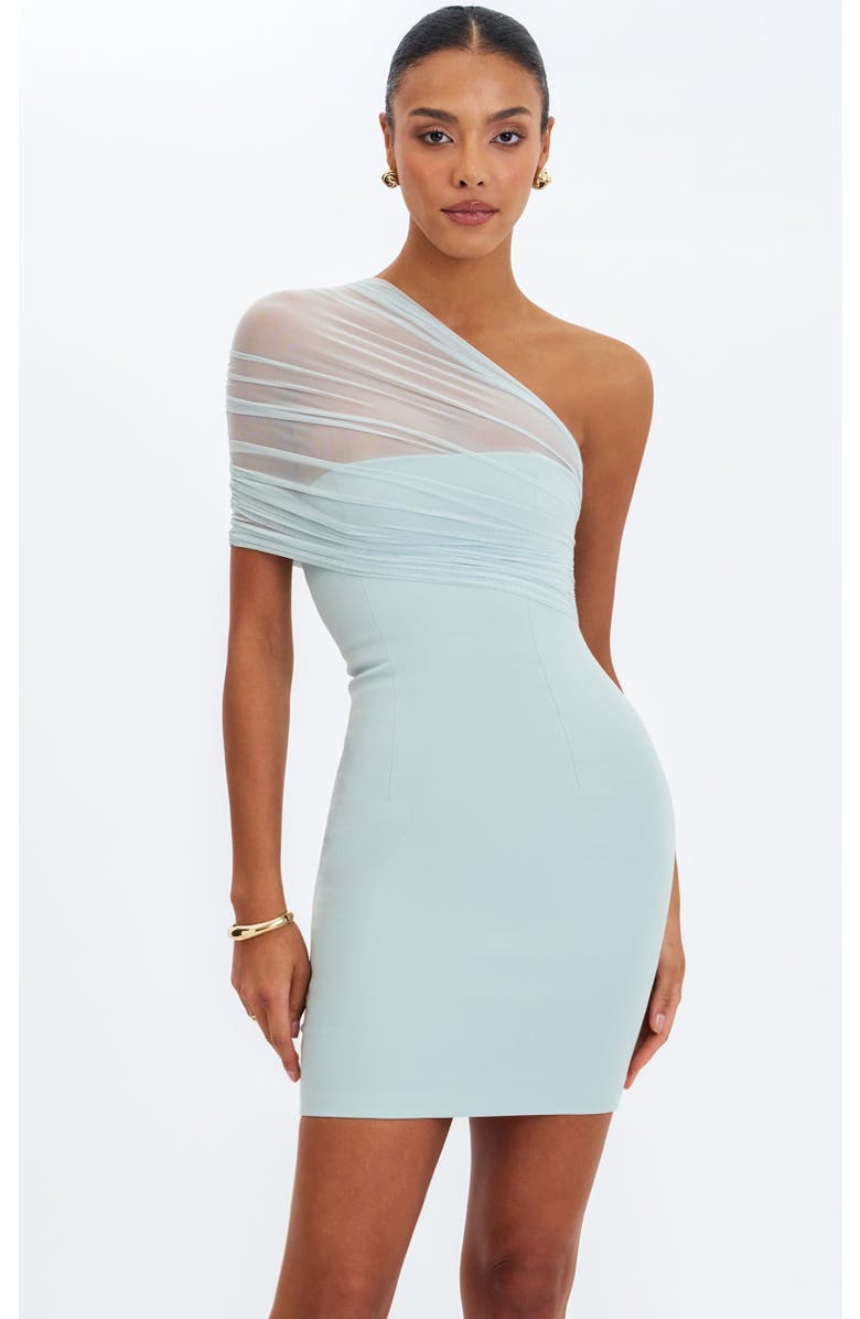 Miss Circle Phoebe One-Shoulder Ruched Mesh Mini Dress, Main, color, Mint