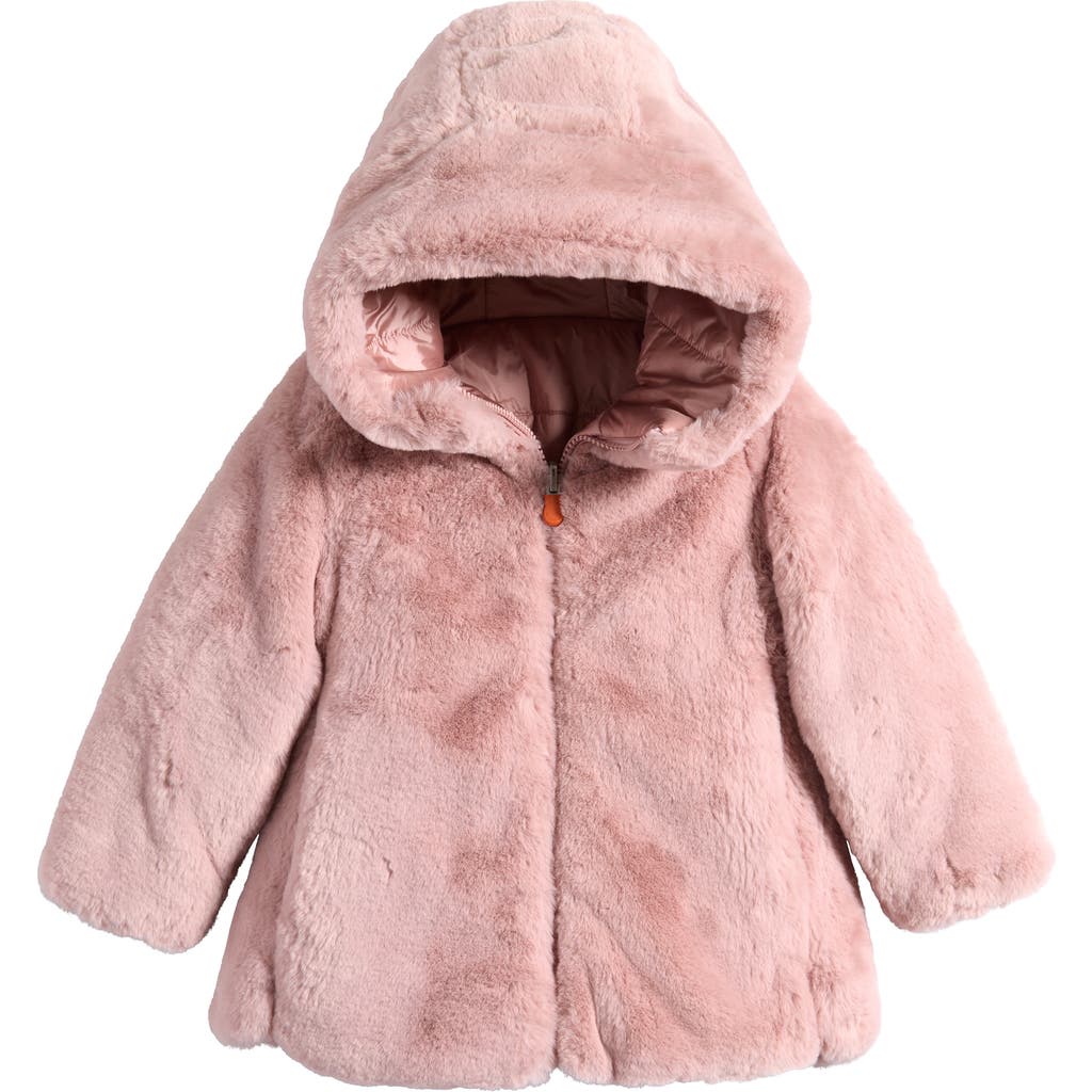 Save The Duck Kids' Flora Reversible Hooded Faux Fur Coat In Pink