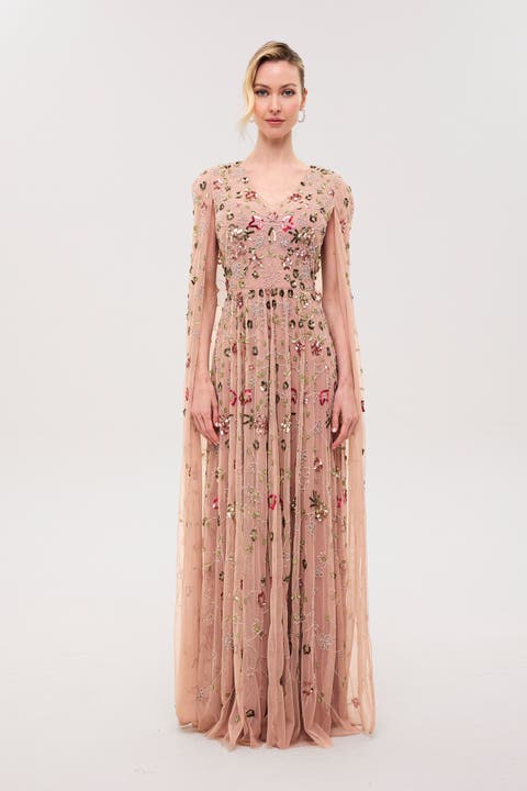 Cape Sleeves Embellished Sequin Maxi Dress