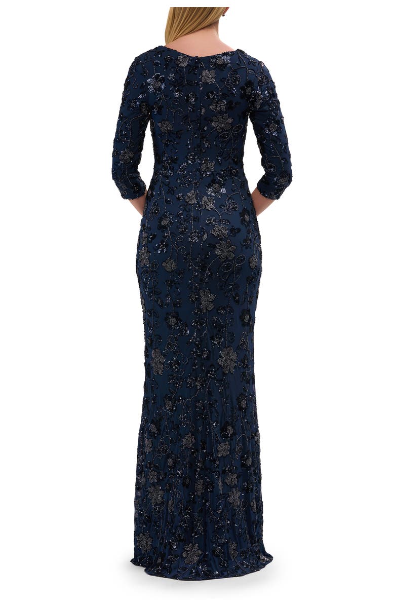La Femme Stunning Beaded Stretch Net Jersey Gown, Alternate, color, Navy