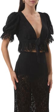 AFRM Wayla Lace Plunge Neck Puff Sleeve Babydoll Top