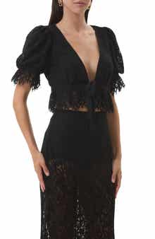 Wayla Lace Plunge Neck Puff Sleeve Babydoll Top