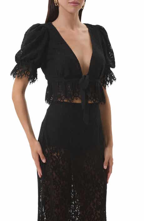 AFRM Wayla Lace Plunge Neck Puff Sleeve Babydoll Top
