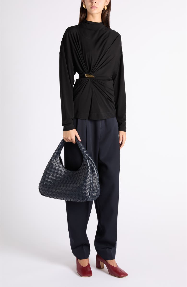 Bottega Veneta Cinch Waist Funnel Neck Top, Alternate, color, 1000 Black