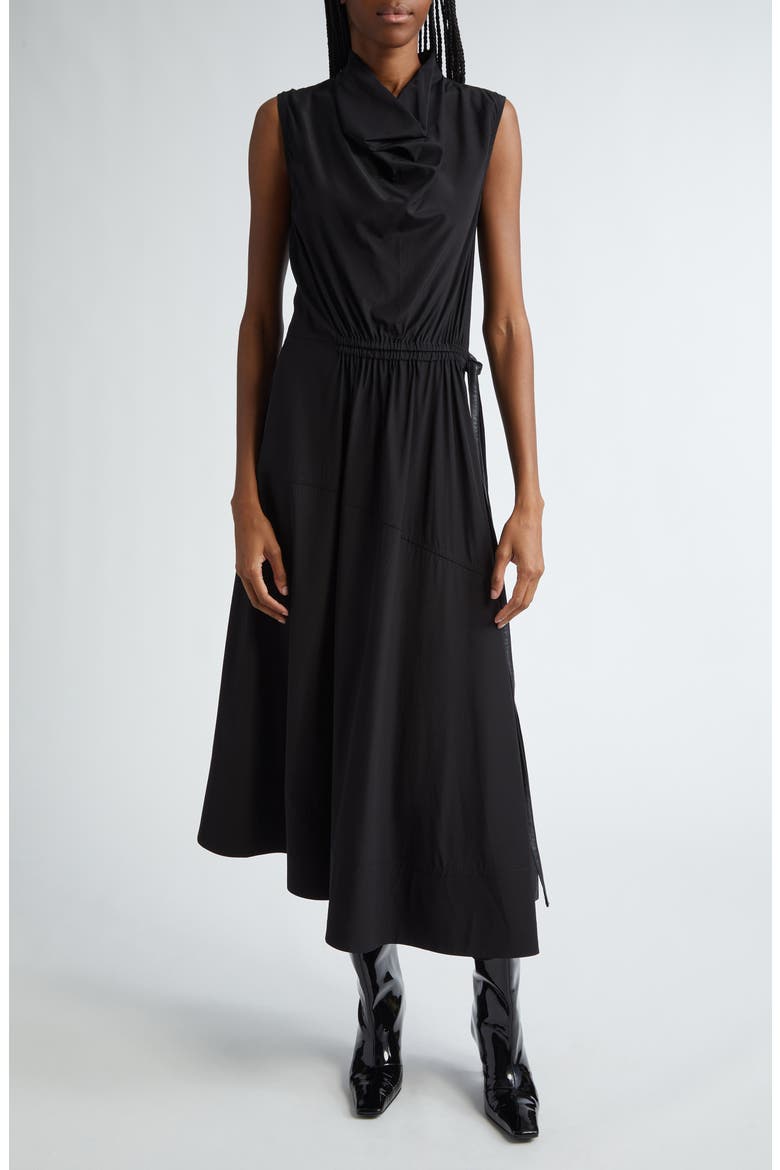 Sabrina Asymmetric Ruched Silk Blend Dress, Main, color, BLACK