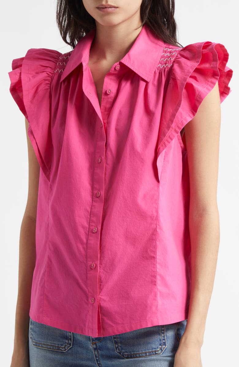 Ramy Brook Marceline Flutter Sleeve Cotton Shirt, Alternate, color, Pink Petunia