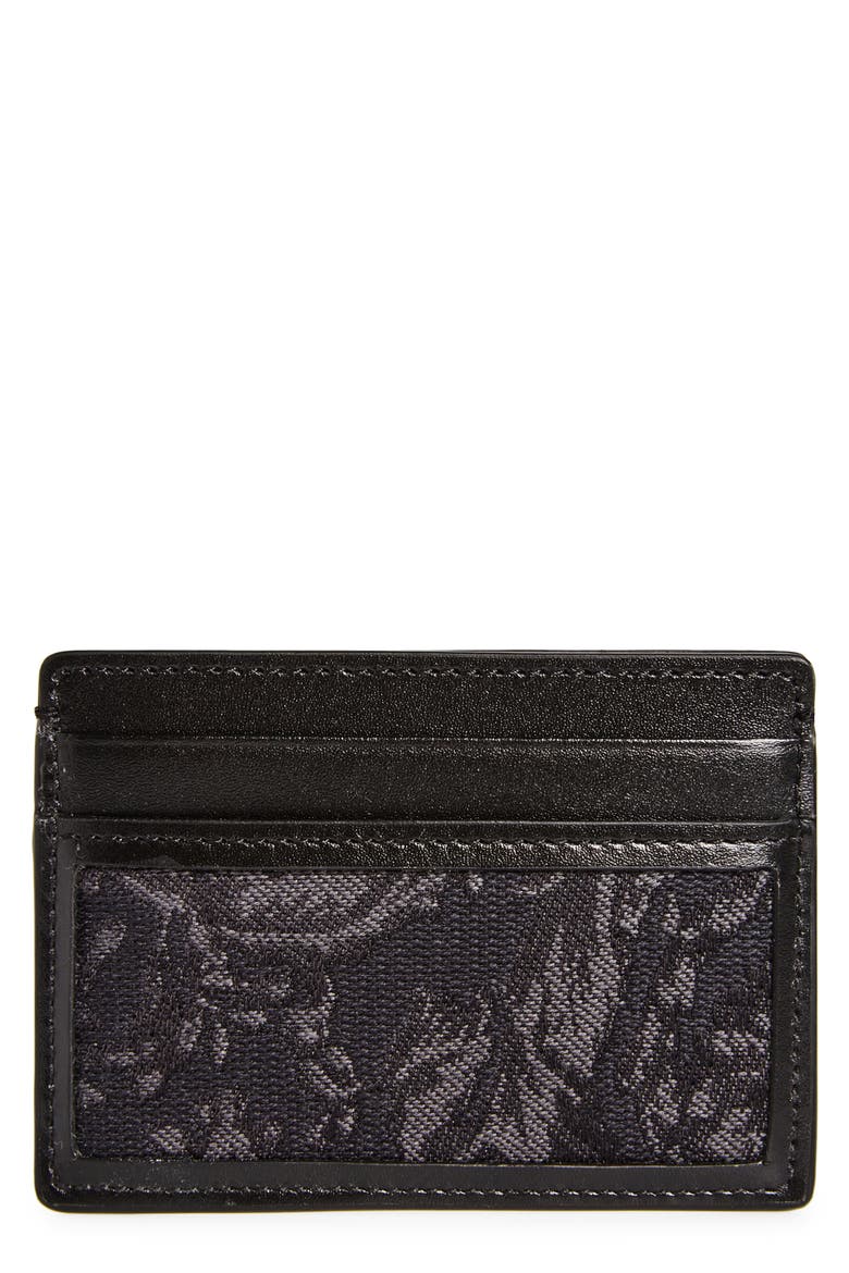 Floral Jacquard & Leather Card Case, Main, color, BLACK BLACK RUTHENIUM