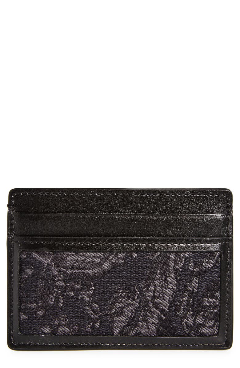 Versace Floral Jacquard & Leather Card Case, Main, color, 