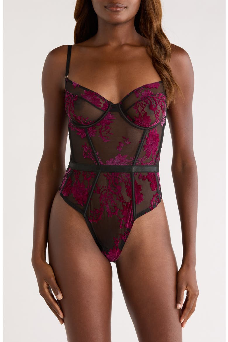 Floral Flocked Underwire Teddy, Alternate, color, BLACK-BOYSENBERRY