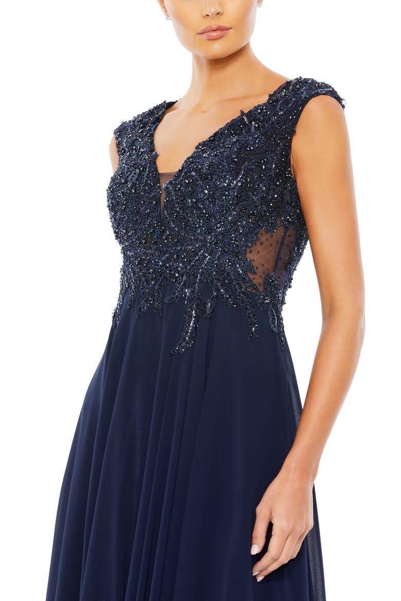 Appliqued Cap Sleeve Bodice Flowy Gown, Alternate, color, NAVY