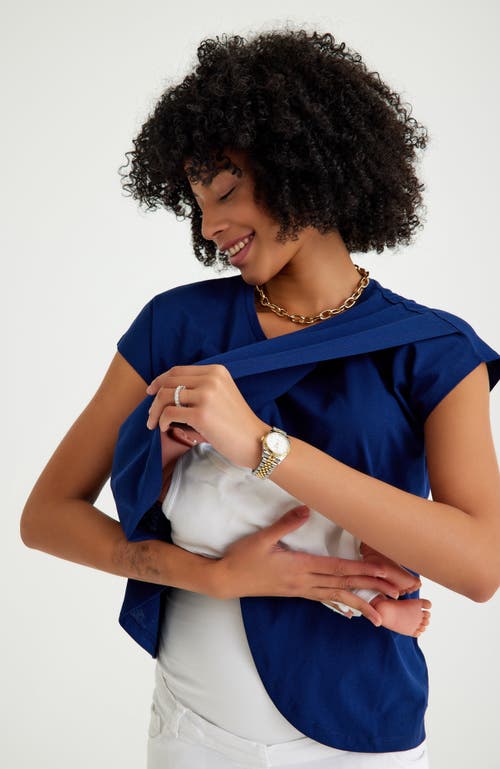 Accouchée Crossover Short Sleeve Cotton Maternity/nursing Top In Navy