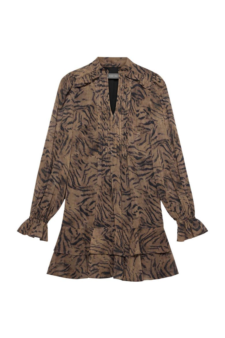 Long Sleeve Printed Ruffle Mini Dress, Alternate, color, Brown
