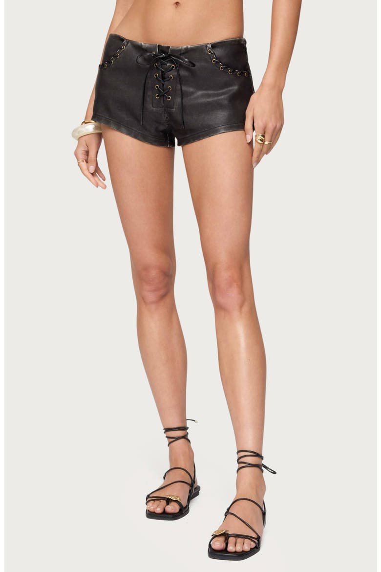 Lace-Up Low Rise Faux Leather Shorts, Main, color, BLACK-WASHED