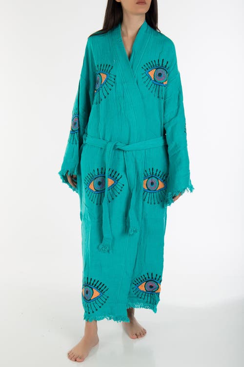 Forever & Always Shoes Aria Evil Eye Handmade Cotton Kimono In Teal Blue