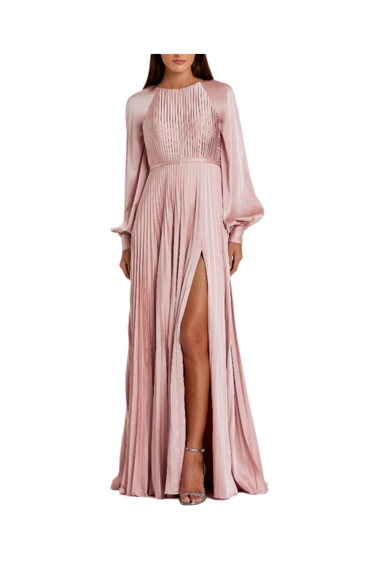 Mac Duggal Pleated High Neck Raglan Long Sleeve Side Slit Gown, Main, color, Blush