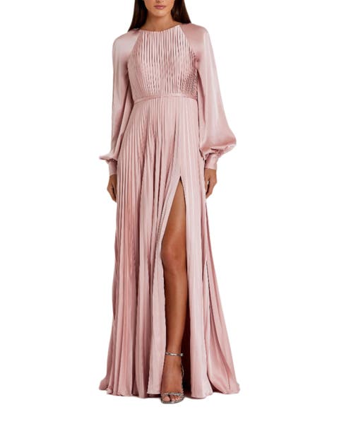 Pleated High Neck Raglan Long Sleeve Side Slit Gown